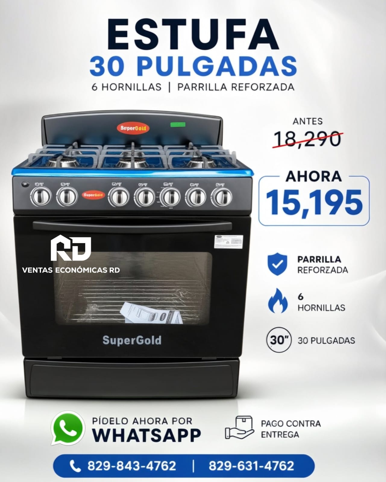 Estufa SuperGold de 30 Pulgadas con 6 Hornillas y Parrilla Reforzada 