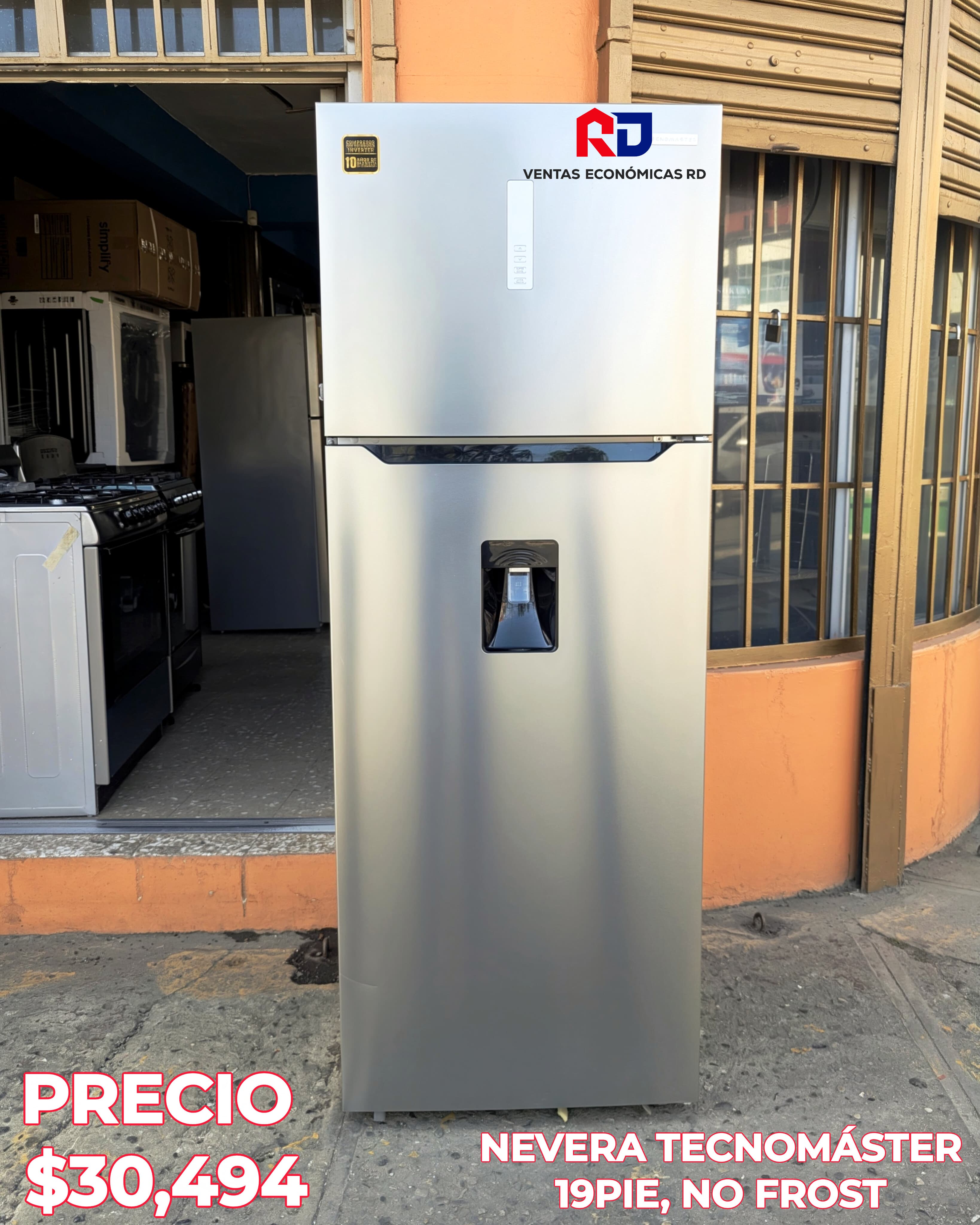 Nevera Tecnomaster 19 Pies Cúbicos No Frost Inox con Dispensador de Agua