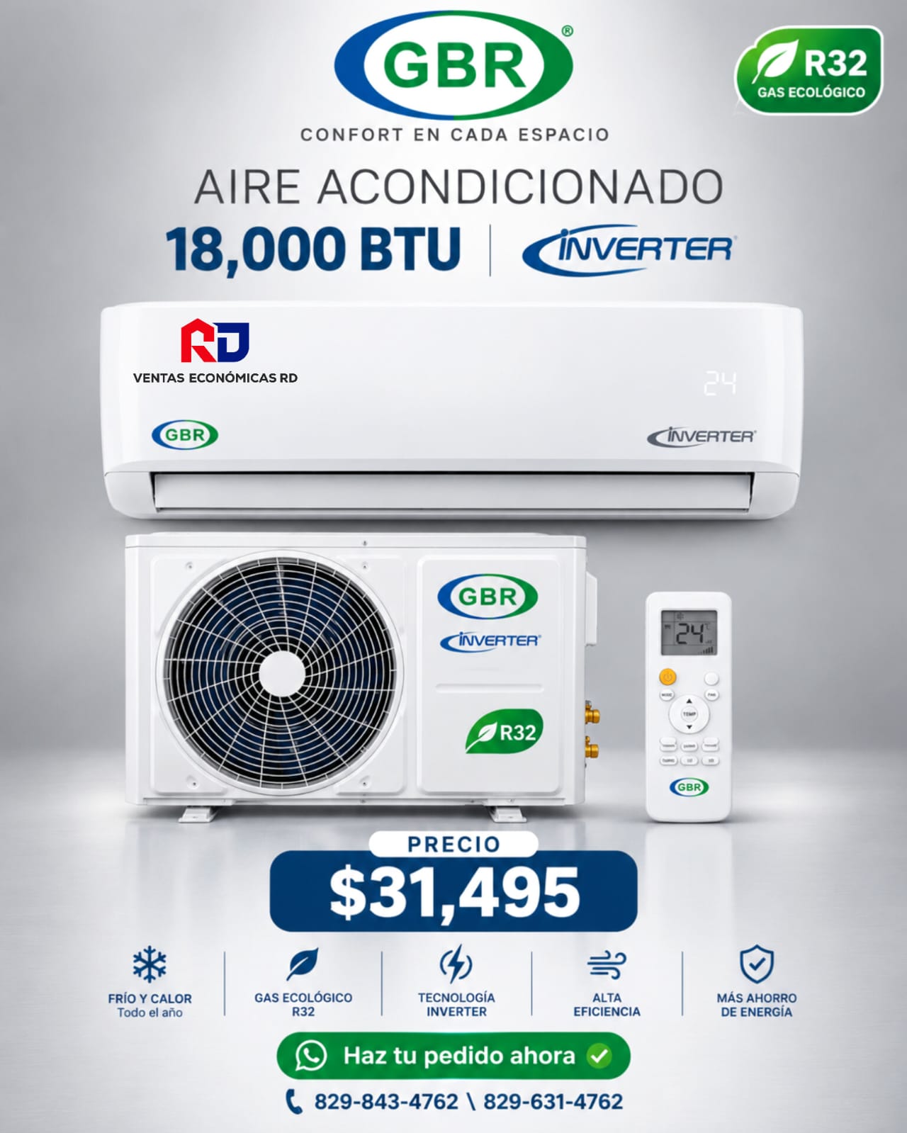 Aire Acondicionado Split Inverter GBR 18,000 BTU R32 | Ventas Económicas RD