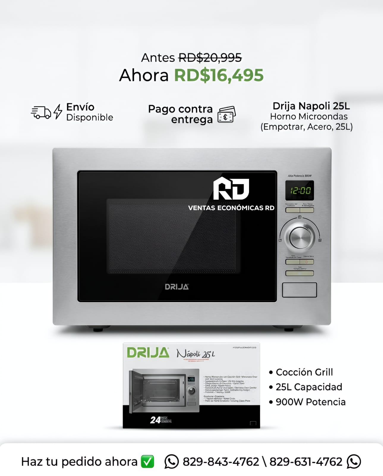 ​Horno Microondas de Empotrar Drija Napoli 25L con Grill y Acero Inoxidable | Ventas Económicas RD