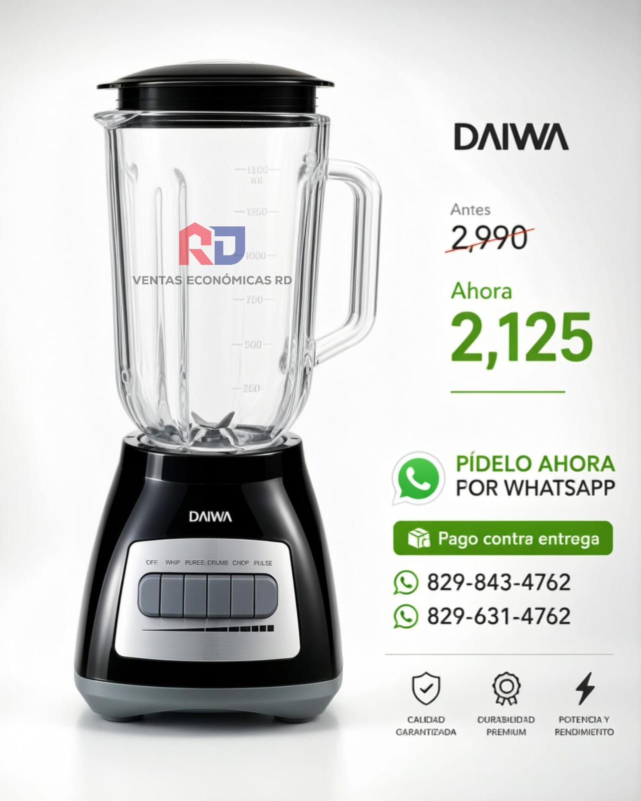 Licuadora Daiwa con Vaso de Vidrio y Alta Potencia | Ventas Económicas RD