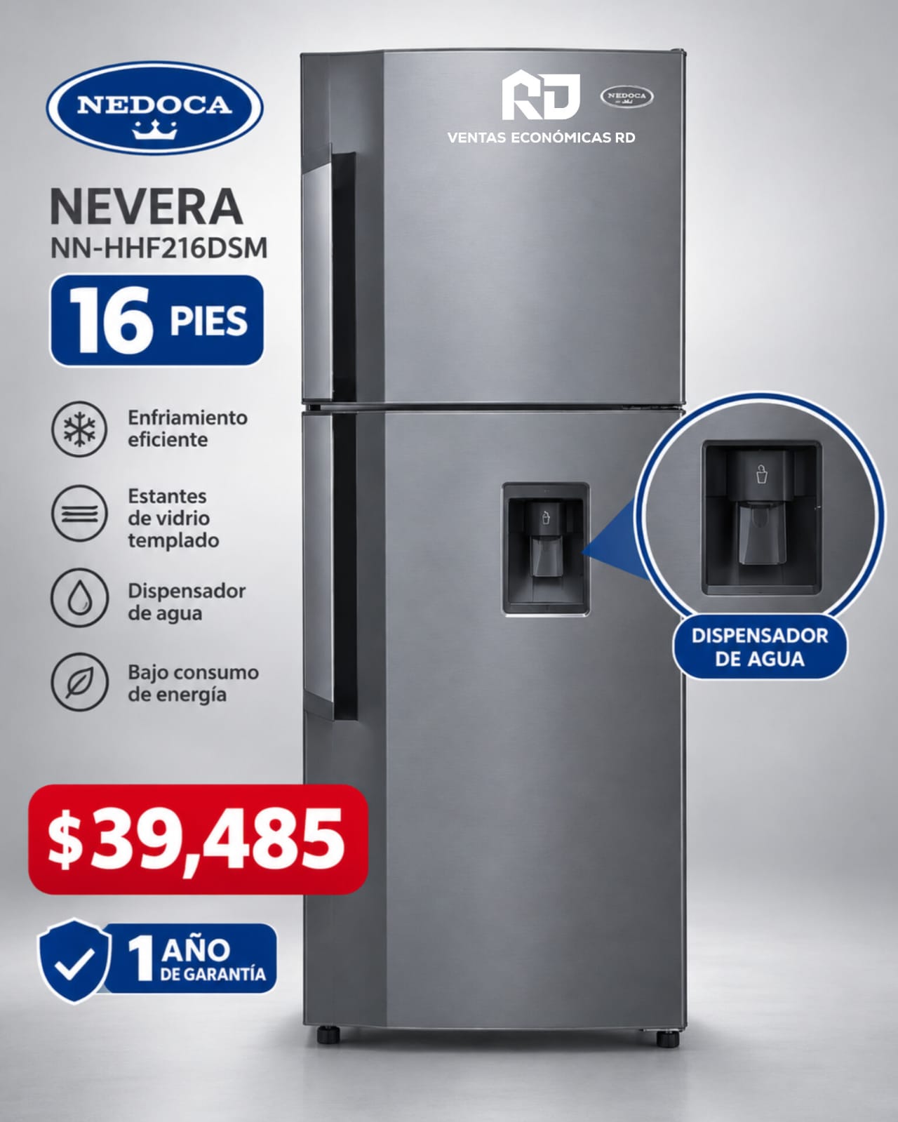 Nevera Nedoca de 16 Pies con Dispensador de Agua y Enfriamiento Eficiente | Ventas Económicas RD