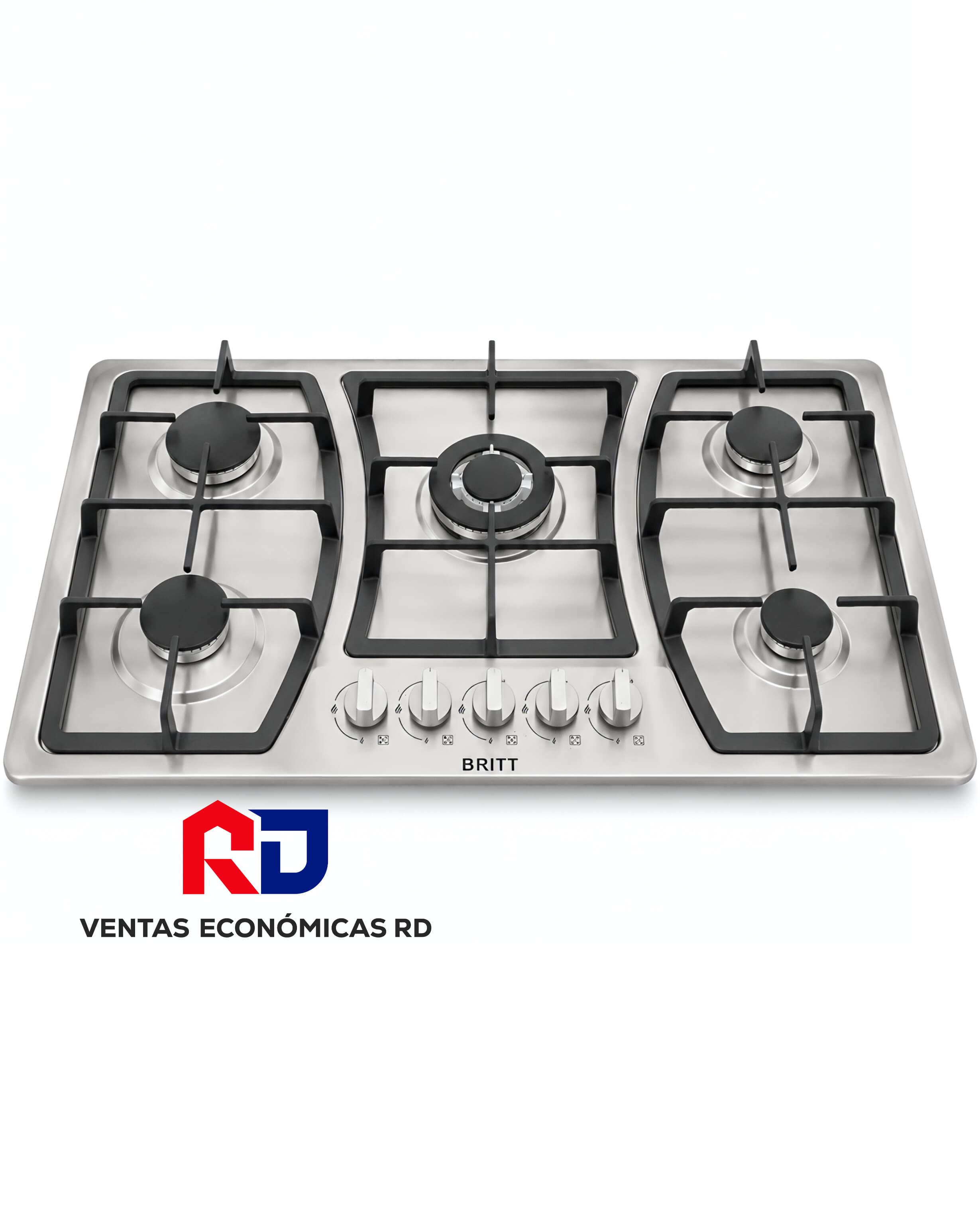 Estufa Empotrable de Gas BRITT 5 Quemadores  Inox con Parrillas de Hierro Fundido