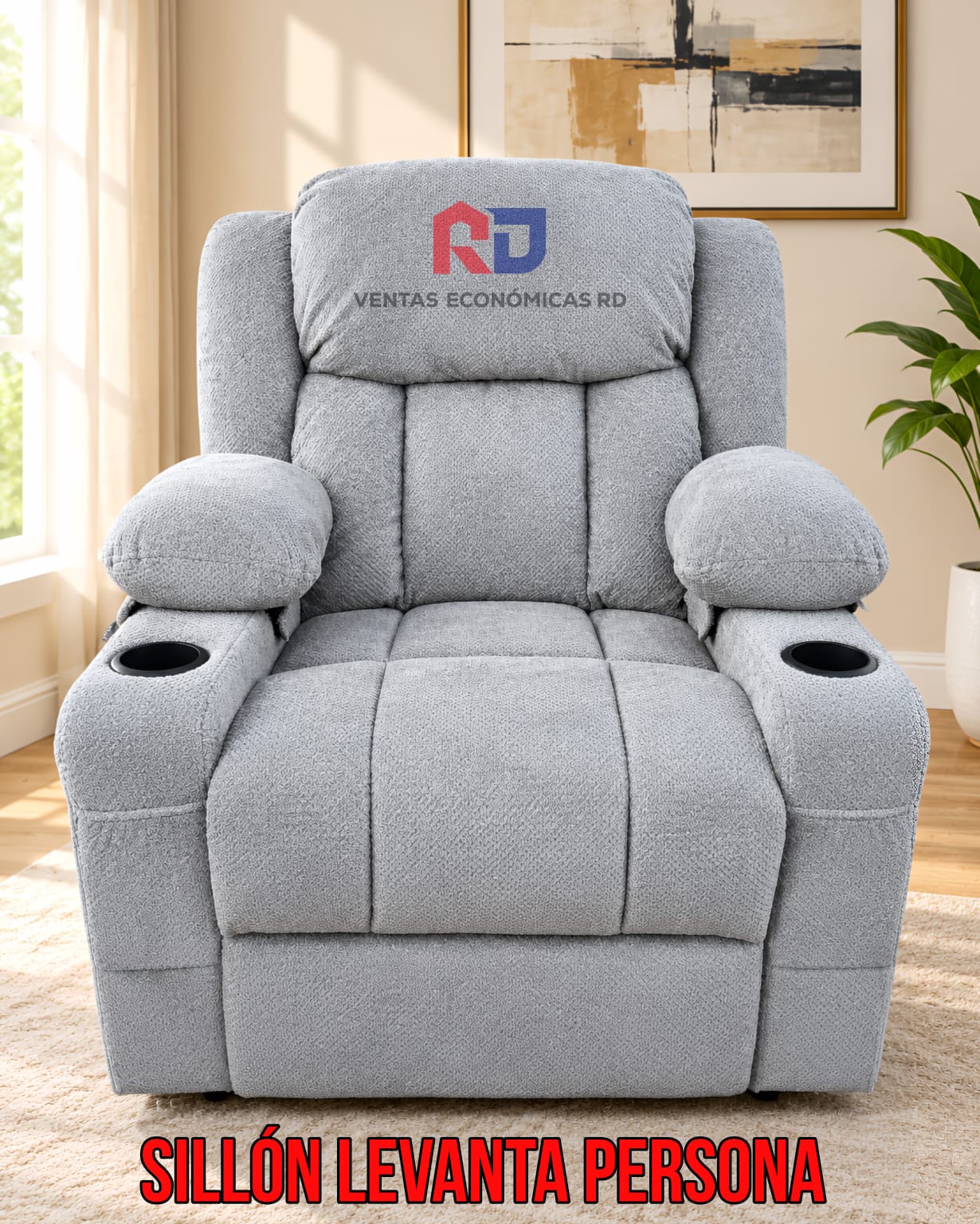 Sillón Reclinable Levanta Persona Cómodo con Portavasos | Tapizado en Tela Suave Acolchada