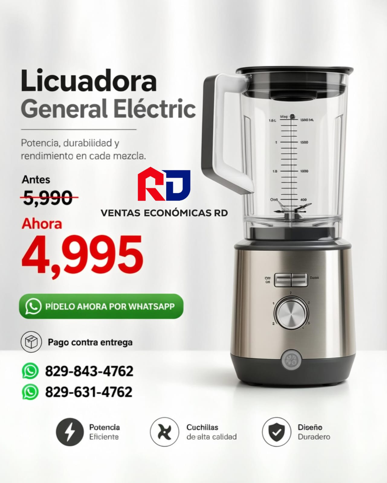 Licuadora General Electric de Alta Potencia con Vaso Graduado | Ventas Económicas RD