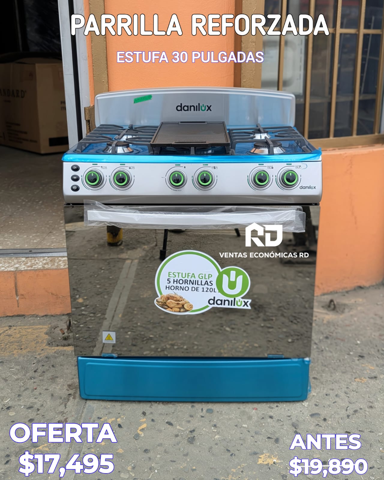Estufa Danilux de 30 Pulgadas con Parrilla de Hierro Fundido y Horno Amplio